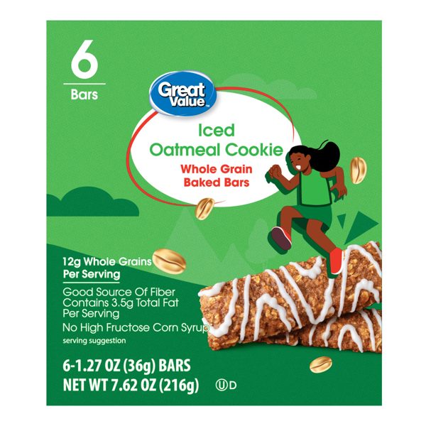 Great Value Iced Oatmeal Cookie Whole Grain Baked Bars, 1.27 oz, 6 Count