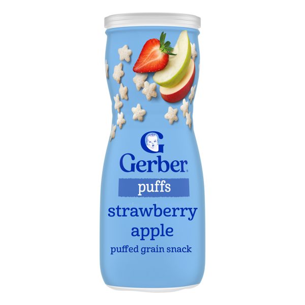 Gerber Baby Feeding, Baby Snacks, Grain & Grow Puffs, Strawberry Apple, Clean Label Project, 1.48 oz Canister