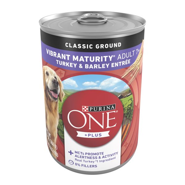 Purina ONE Plus Wet Dog Food for Senior Dogs, Classic Ground Turkey and Barley Entree, 13 oz Can