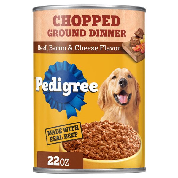 Pedigree Chopped Ground Dinner Beef Bacon & Cheese Flavor Adult Wet Dog Food, (12) 22 Oz Cans