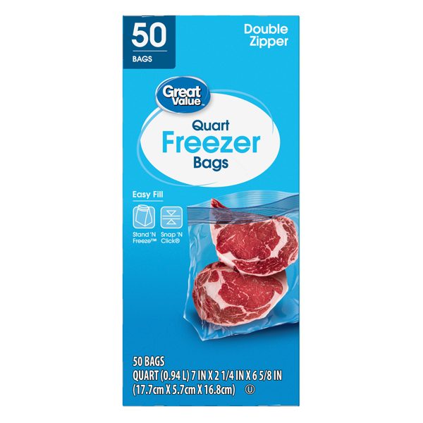 Great Value Quart Freezer Bags, Double Zipper, Freezer Guard, 50 Count