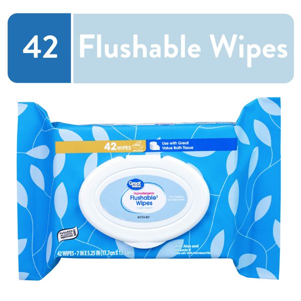 Great Value Fresh Scent Flushable Wipes, 1 Flip-Top Pack, 42 Total Flushable Wipes