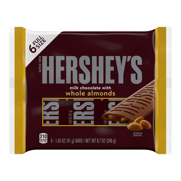 Hershey's Milk Chocolate with Whole Almonds Candy, Bars 1.45 oz, 6 Count