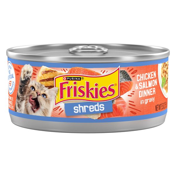 Purina Friskies Shreds, Chicken and Salmon Dinner in Gravy, Wet Cat Food, 5.5 oz Can,