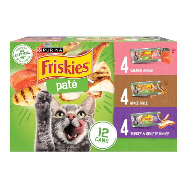 Purina Friskies Salmon Dinner, Turkey & Giblets Dinner, & Mixed Grill Pate Wet Cat Food Variety Pack, 5.5 oz Cans, 12 Pack
