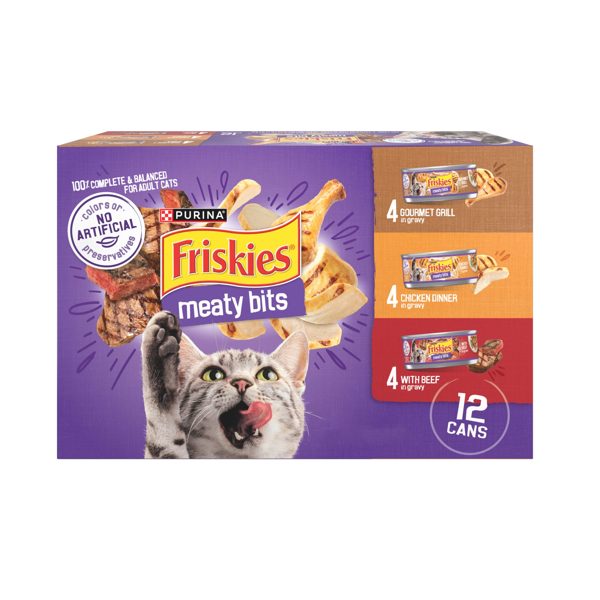 Purina Friskies Gourmet Grill, Chicken Dinner, & Beef Meaty Bits Wet Cat Food Variety Pack, 5.5 oz. Cans, 12 Pack