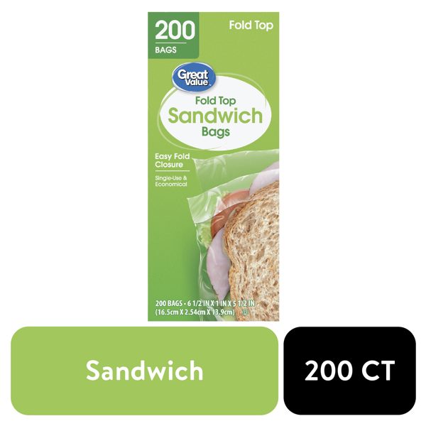 Great Value Sandwich Bags, Fold Top, 200 Count