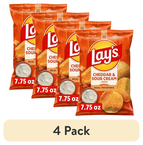 (4 pack) Lay's Potato Chips, Cheddar & Sour Cream, 7.75 oz Bag
