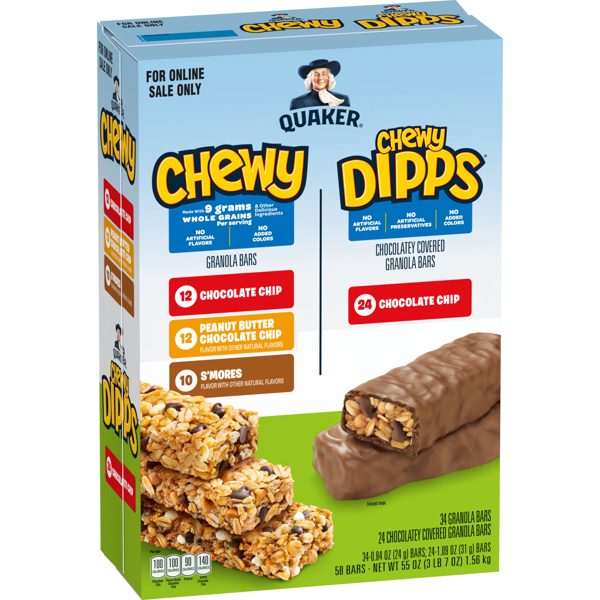 Quaker Chewy Granola Bars, Chewy and Dipps 4 Flavor Variety Pack, 58 Count