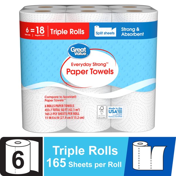 Great Value Everyday Strong Paper Towels, 6 Triple Rolls, Split Sheets
