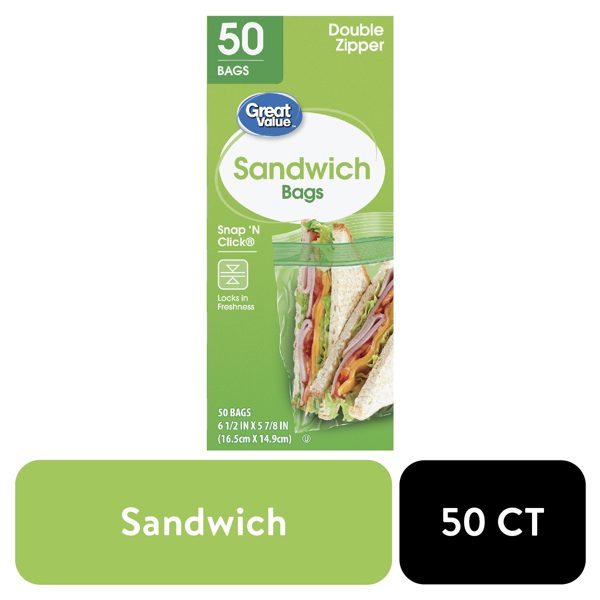 Great Value Fresh Seal Double Zipper Sandwich Bags, 50 Count