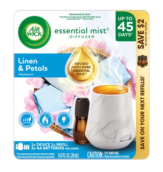 Air Wick Essential Mist Scented Oil Cordless Diffuser Starter Kit, Linen and Petals, 2 Piece