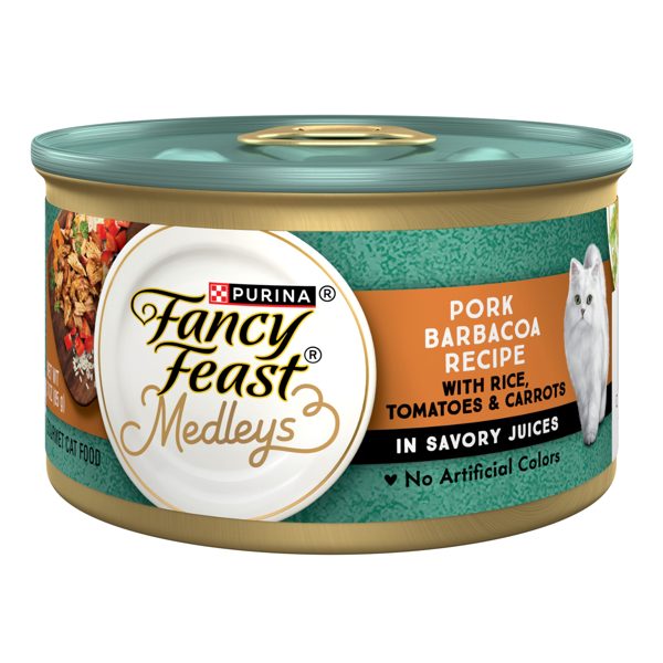 Purina Fancy Feast Medleys Wet Cat Food Pork Barbacoa with Rice, Tomatoes and Carrots in Savory Juices, 3 oz. Can