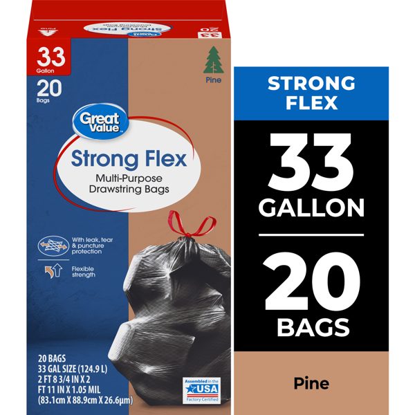 Great Value Strong Flex 33-Gallon Multi-Purpose Drawstring Trash Bags, Pine Scent, Black, 20 Bags