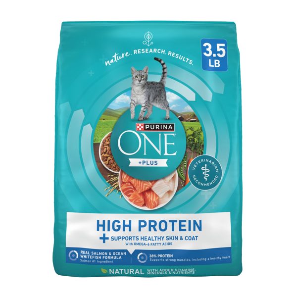 Purina ONE Plus Natural High Protein Dry Cat Food Salmon and Ocean Whitefish Skin and Coat Health Formula, 3.5 lb Bag