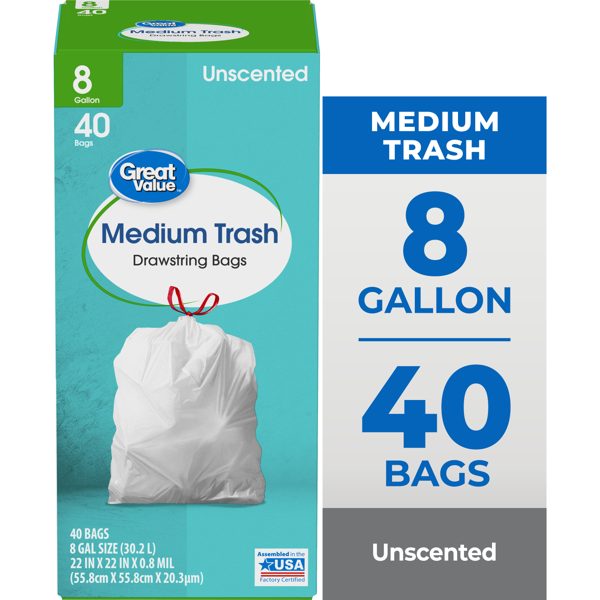 Great Value Medium Drawstring Trash Bags, 8 Gallon, 40 Count