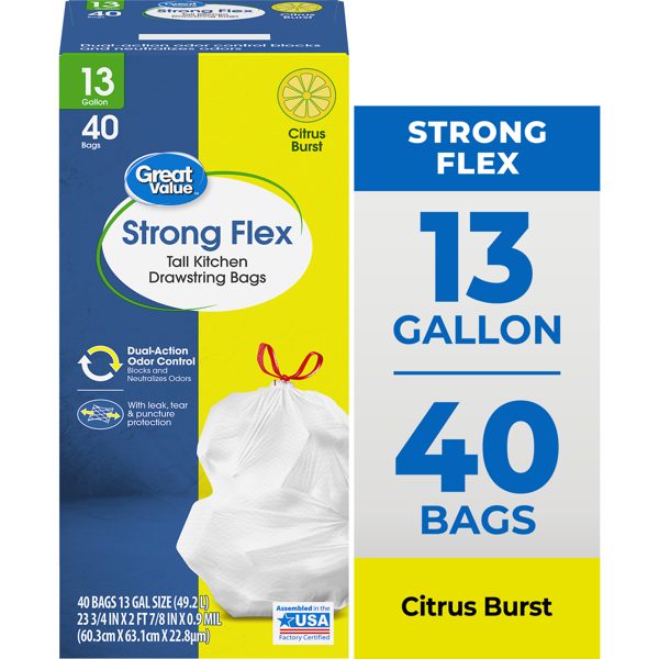 Great Value Strong Flex Drawstring Tall Kitchen Trash Bags, 13 gal, Citrus Burst, 40 Count