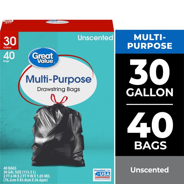 Great Value Multi-Purpose Drawstring Trash Bags, 30 Gallon, 40 Count