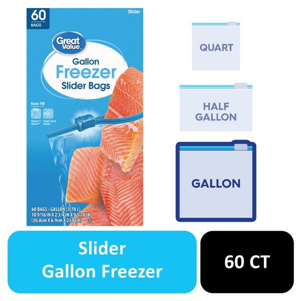 Great Value Gallon Freezer Slider Zipper Bags, 60 Count