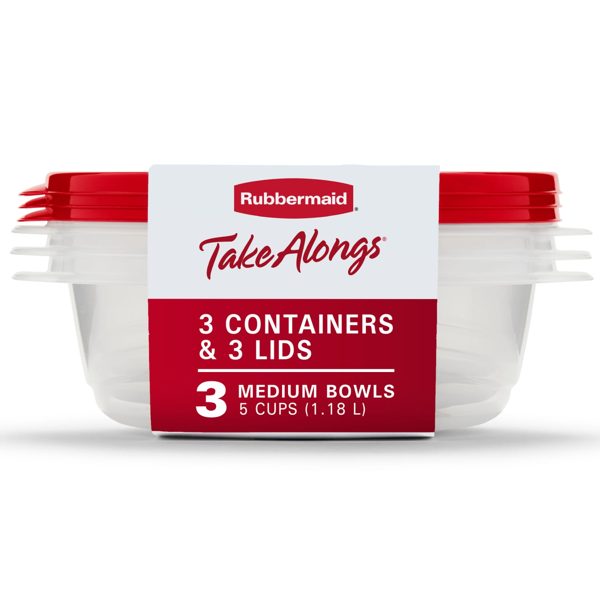 Rubbermaid TakeAlongs, 5 Cup, Set of 3, Red, Medium Bowls Plastic Food Storage Containers
