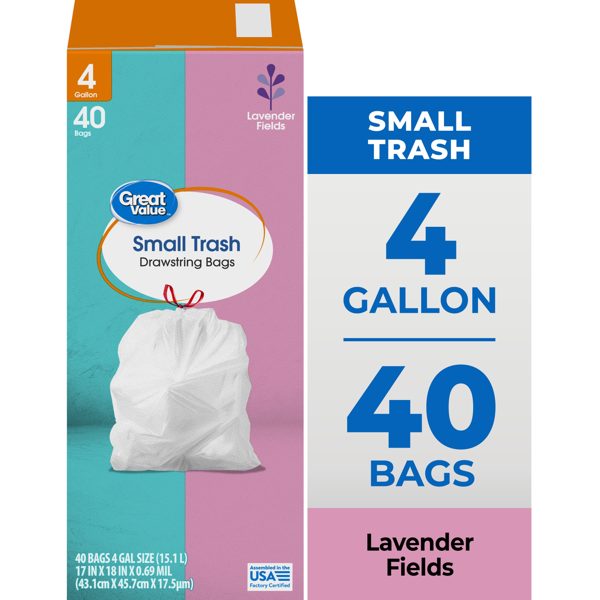 Great Value Drawstring Trash Bags, 4 gal, White, Lavender Fields, 40 Bags