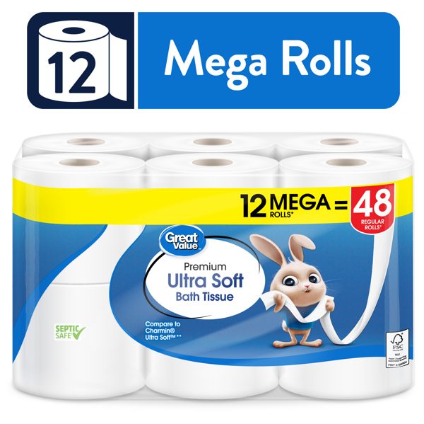 Great Value Ultra Soft Toilet Paper, 12 Mega Rolls, Compare to Charmin® Ultra Soft™
