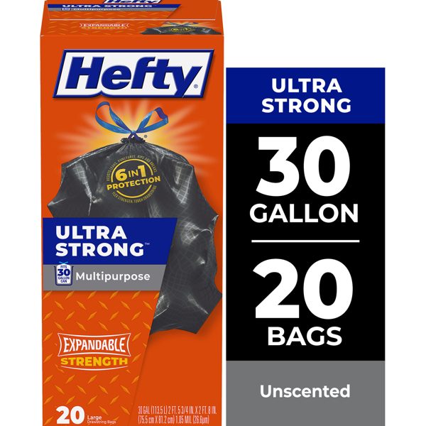 Hefty Ultra Strong Multipurpose Large Trash Bags, Black, Unscented, Made with 20% Post-Consumer Recycled Materials, 30 Gallon, 20 Count