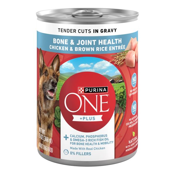 Purina ONE Plus Tender Cuts in Gravy Bone and Joint Health Chicken and Brown Rice Entree Natural with Added Vitamins and Minerals Wet Dog Food, 13 oz Can