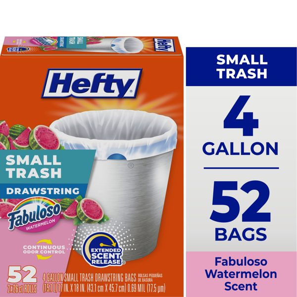 Hefty Small Trash Bags, Fabuloso Watermelon Scent, 4 Gallon, 52 Count