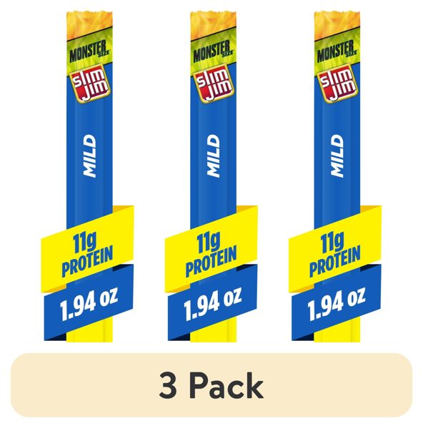 (3 pack) Slim Jim Monster Smoked Jerky Meat Sticks, Mild Flavor, 11g Protein Per Stick, 1.94 oz.