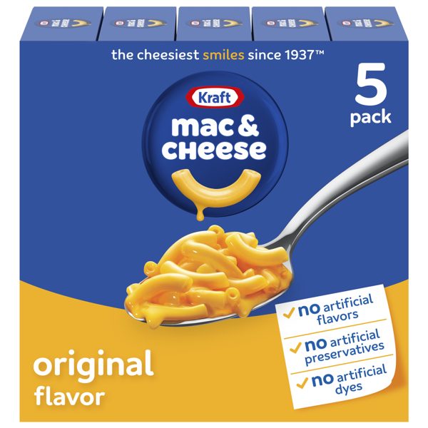 Kraft Mac and Cheese, 5 Boxes, for Easy Dinner or Dinner Sides, Original Flavor, No Artificial Flavors, Preservatives or Dyes, 7.25 oz