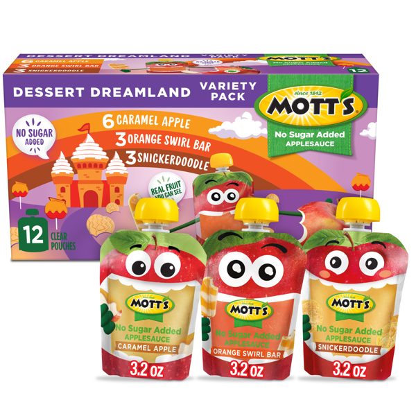 Mott’s No Sugar Added Dessert Dreamland Applesauce Variety Pack, 3.2 oz, 12 Count Clear Pouches