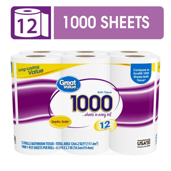 Great Value Toilet Paper, 1000 Sheets per Roll, 12 Rolls