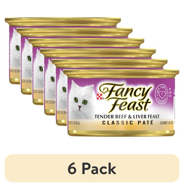 (6 pack) Purina Fancy Feast Tender Beef and Liver Feast Classic Grain Free Wet Cat Food Pate, 3 oz.