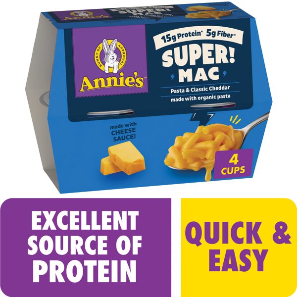 Annie's Protein Super! Mac Classic Cheddar Pasta Cups, 4 Count, 11.44 oz