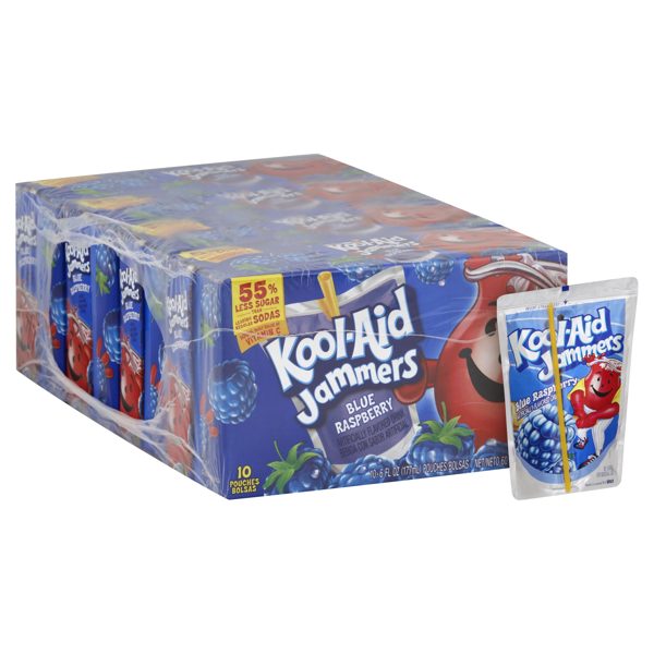 (4 pack) Kool-Aid Jammers Artificially Flavored Drink, 10 Pouches, for School Lunches and On-the-Go Hydration, Blue Raspberry Flavor, Excellent Source of Vitamin C, 6 fl oz