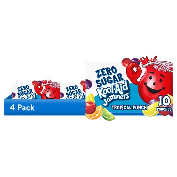 (4 pack) Kool-Aid Jammers Tropical Punch Zero Sugar Kids Drink Juice Box Pouches, 10 Ct Box, 6 fl oz Pouches, Liquids
