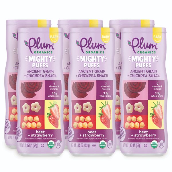 Plum Organics Mighty Puffs, Ancient Grain + Chickpea Snack, Baby, Beet + Strawberry, 1.85 oz Canister, 6 Pack