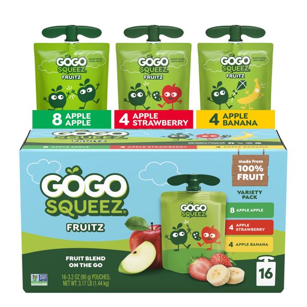 GoGo squeeZ No Sugar Added Banana Strawberry Applesauce Variety Pouches, 3.2 oz (16 Pack)