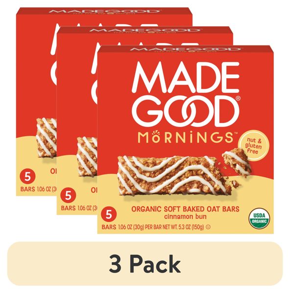 (3 pack) MadeGood Cinnamon Bun Morning Bars, 5 Healthy Breakfast Bars, 1.06 Oz