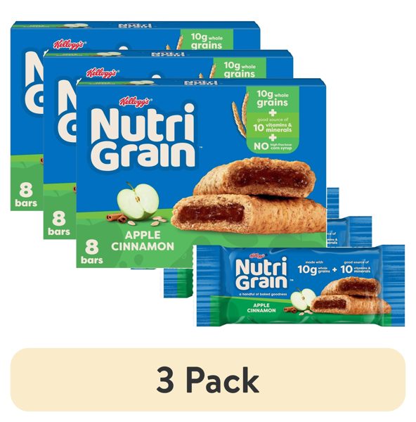 (3 pack) Nutri-Grain Breakfast Bars, Made with 10g Whole Grains, Snack Bars, Apple Cinnamon, 10.4oz Box (8 Count)