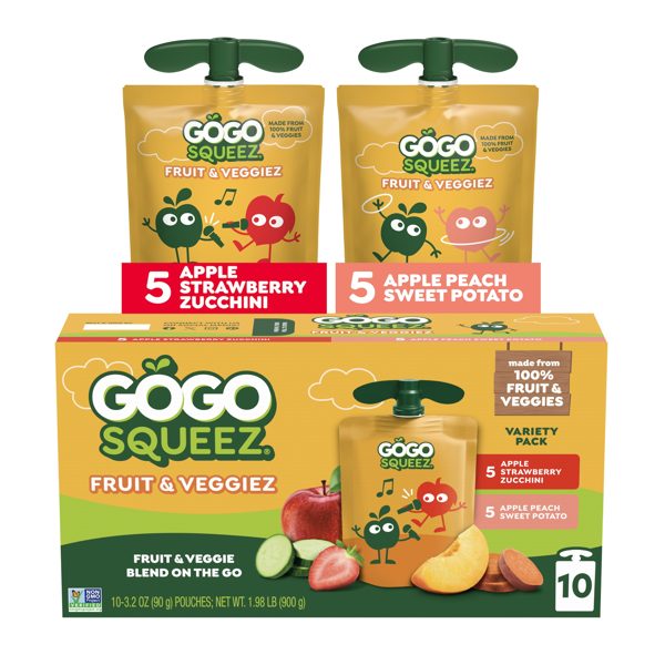 GoGo squeeZ Fruit & VeggieZ No Sugar Added Applesauce Variety Pouches, 3.2 oz (10 Pack)