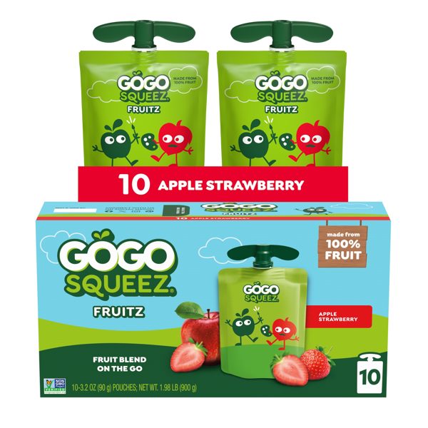 GoGo squeeZ No Sugar Added Apple Strawberry Applesauce & Fruit Puree Pouches, 3.2 oz (10 Pack)