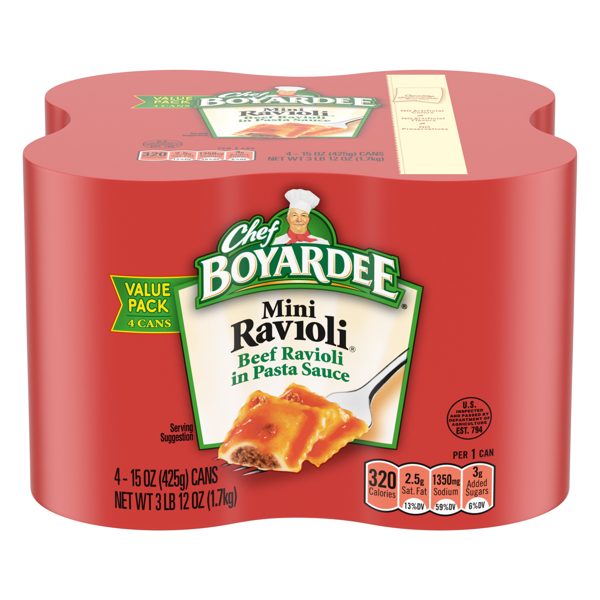 Chef Boyardee Mini Ravioli, Beef Ravioli in Pasta Sauce, Ready-to-Eat Meal, 15 oz. Can (Pack of 4)