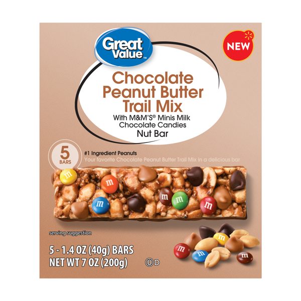 Great Value Chocolate Peanut Butter Trail Mix Nut Bar, 1.4 oz, 5 Count