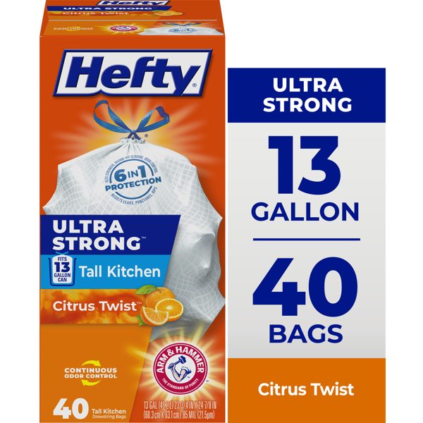 Hefty Ultra Strong 13 Gallon Trash Bags, Tall Kitchen Trash Bags, White, Citrus Twist Scent, 40 Bags