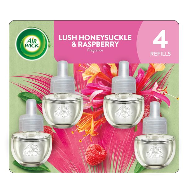Air Wick Plug-in Scented Oil Warmer Air Freshener Refills, Honeysuckle & Raspberry, 4 Count