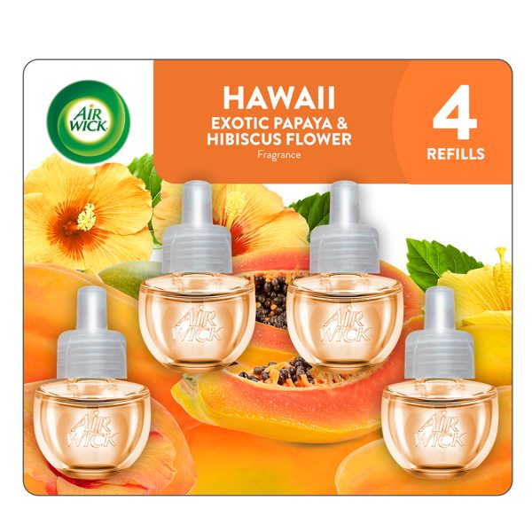 Air Wick Plug-In Scented Oil Warmer Air Freshener Refills, Hawaii Papaya & Hibiscus, 4 Count