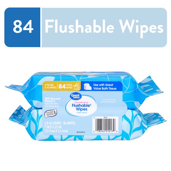 Great Value Fresh Scent Flushable Wipes, 2 Resealable Packs, 84 Total Wipes
