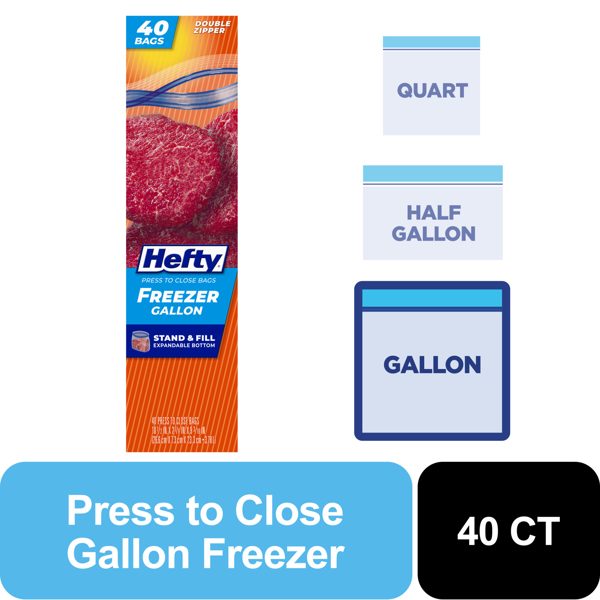 Hefty Press to Close Gallon Freezer Bags, 40 Count